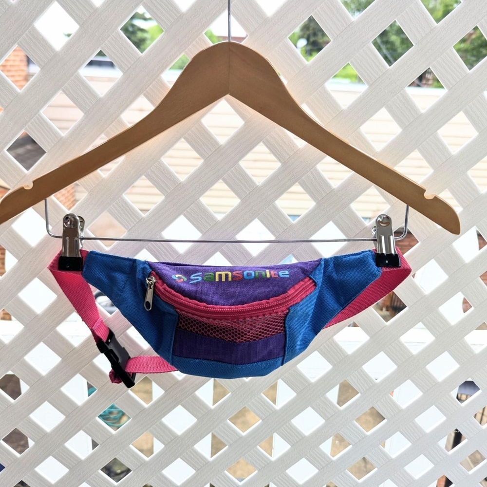 Vintage 80's Samsonite Neon Pink, Blue, & Purple Color Block Mini Fanny Pack - Picture 5 of 7